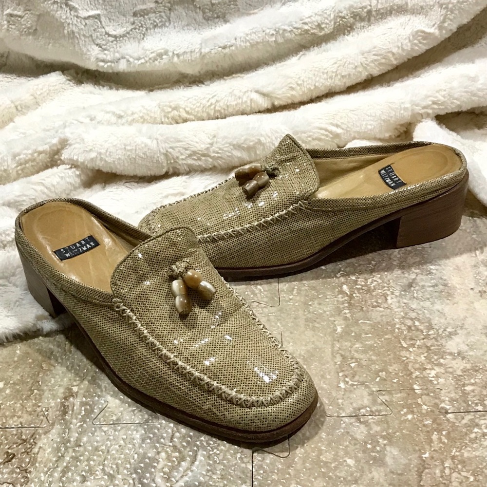 Stuart Weitzman Shiny Tassel Mule Loafers